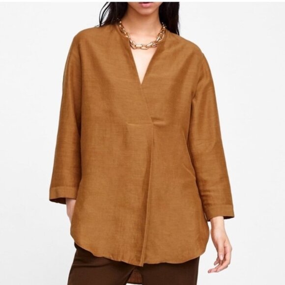 ZARA Crossover Linen Smock  Tunic Top - Picture 1 of 8